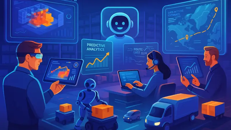 Delivery driver with mobile dashboard and AI overlay representing GenAI logistics field services in Latin America