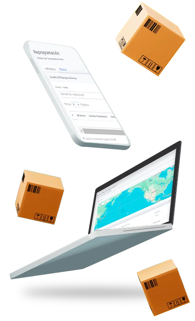 Laptop and smartphone showing logistics platform with delivery rescheduling and tracking features